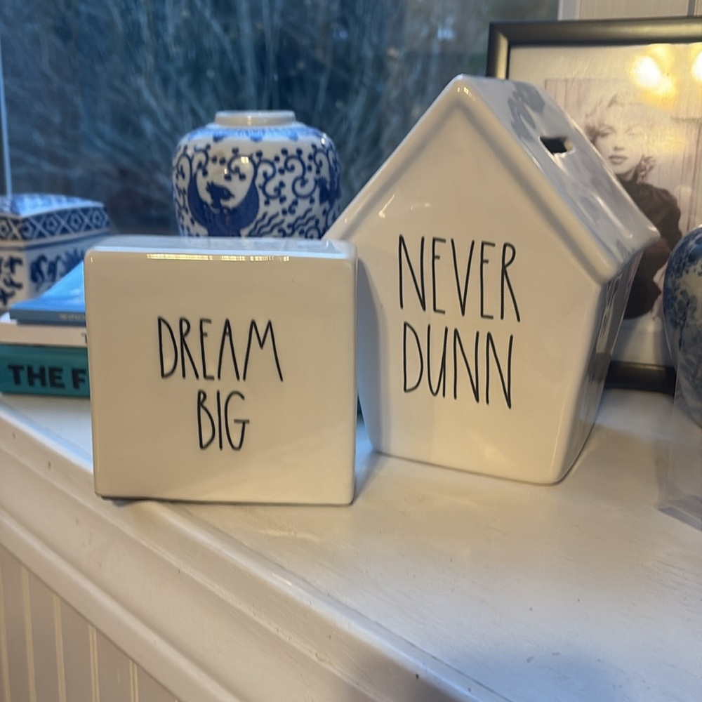 Rae Dunn “Never Dunn” Piggy Bank and “Dream Big” sign never used